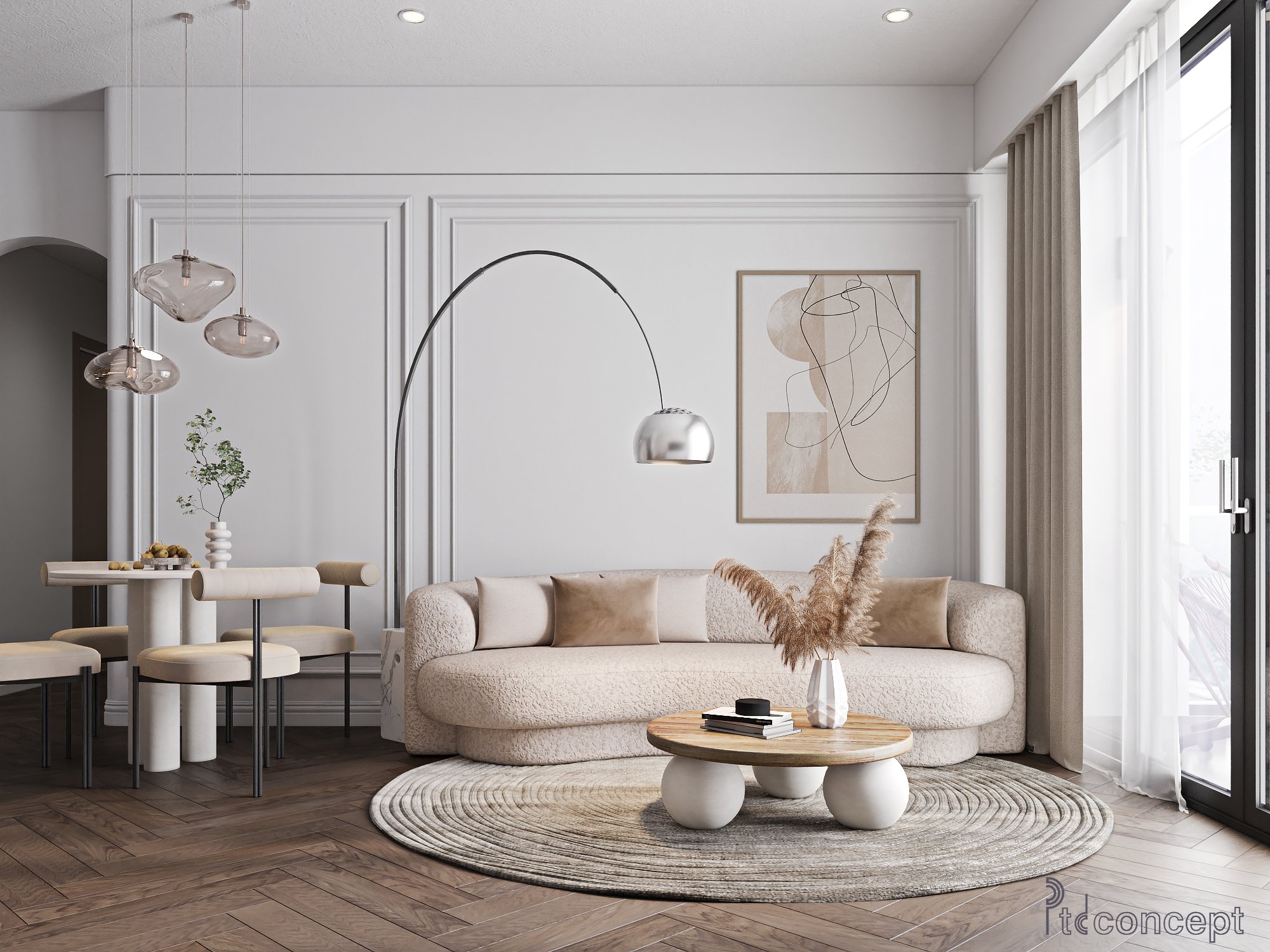 Phòng khách căn hộ The River Thủ Thiêm 2 phòng ngủ theo ngôn ngữ Parisian Modern do PTD Concept thiết kế