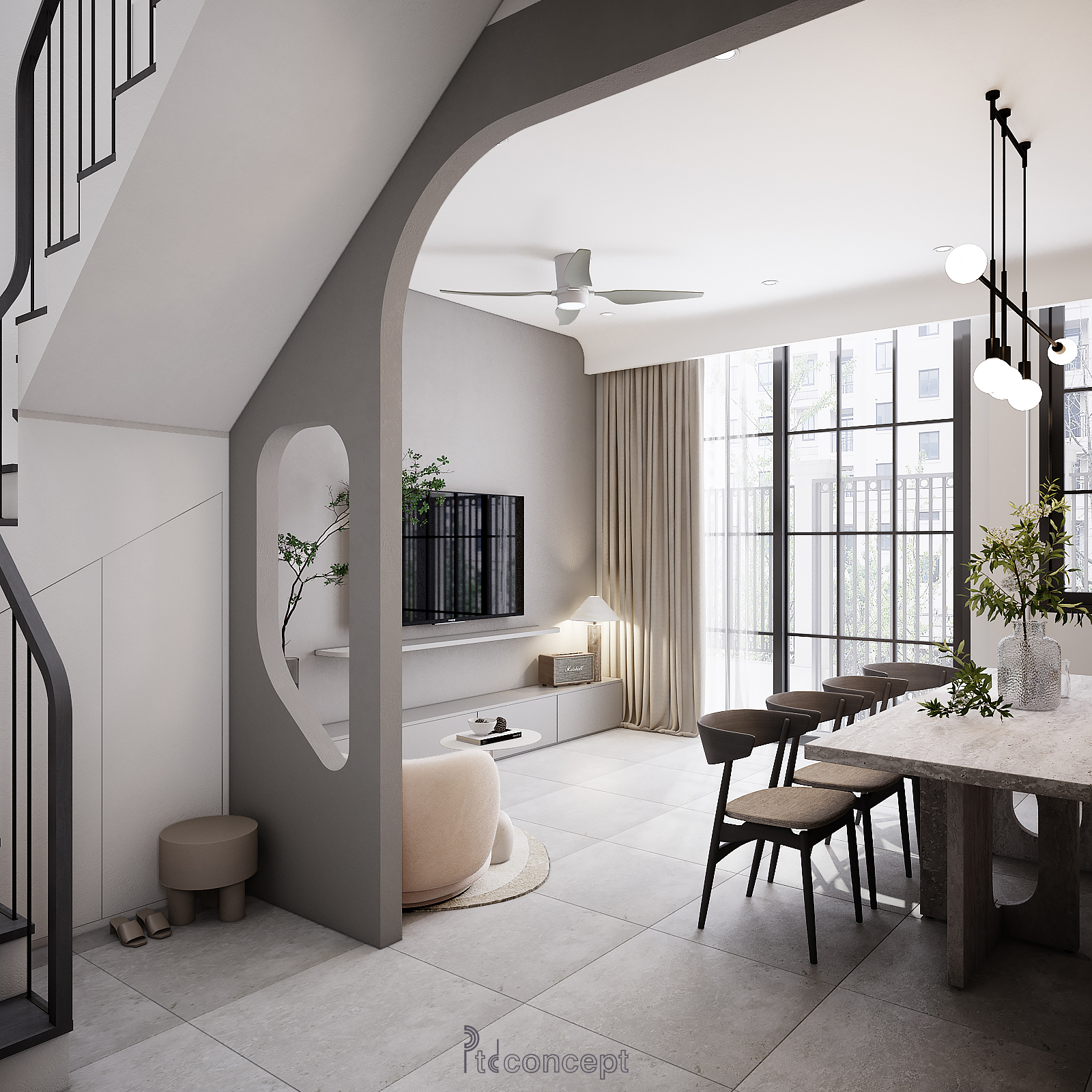 Thiết kế thi công nội thất nhà phố Lakeview City An Phú 1 Khu khách và bếp liên thông trong nhà phố ba tầng tại Lakeview City do PTD Concept thiết kế