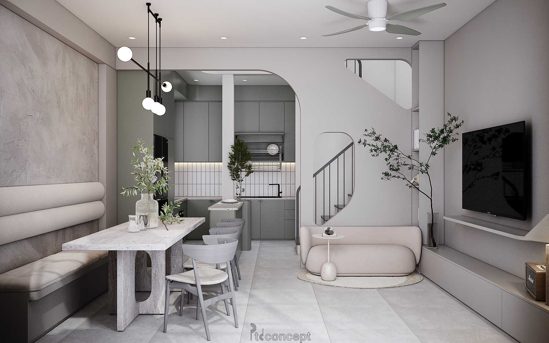 Thiết kế thi công nội thất nhà phố Lakeview City An Phú 2 Khu ăn và cầu thang nhà phố Lakeview City, ánh sáng tự nhiên dẫn sâu vào giữa nhà