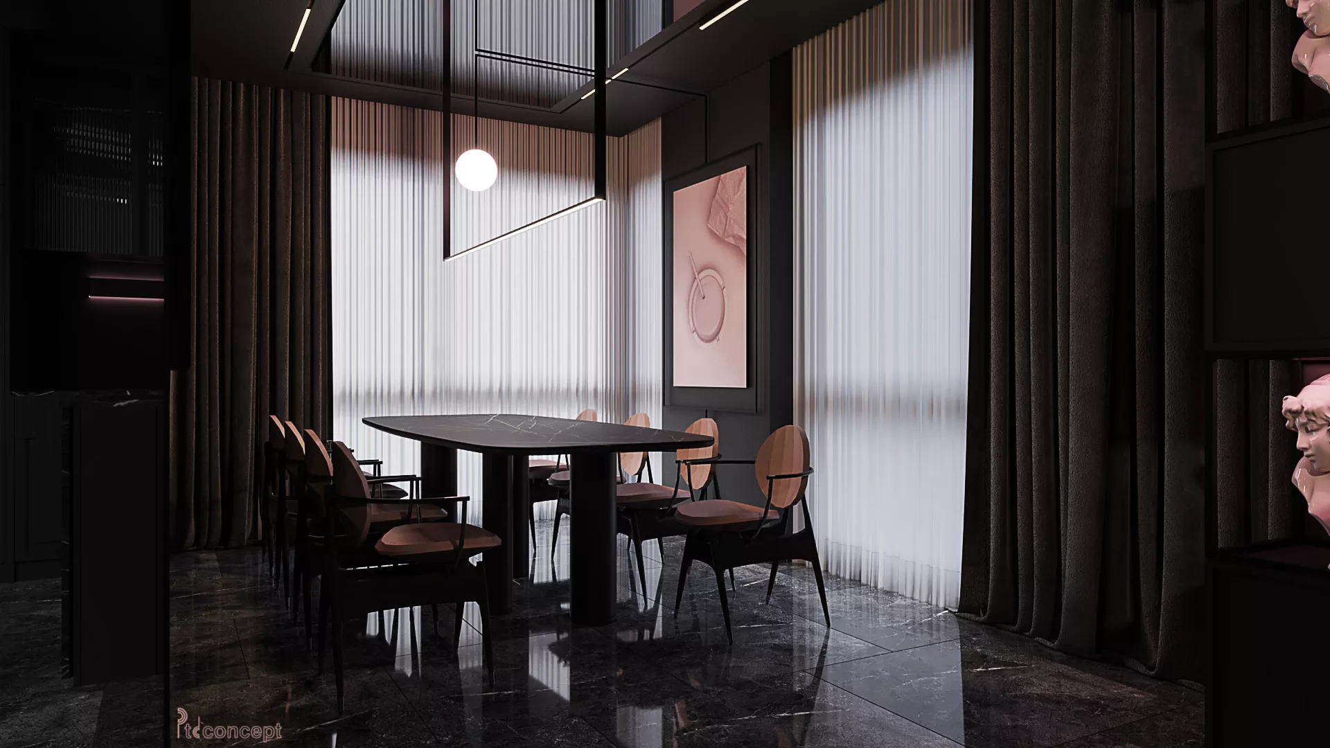 Khu ăn căn duplex Empire City bên cửa kính lớn, tông tối tương phản với ánh sáng tự nhiên