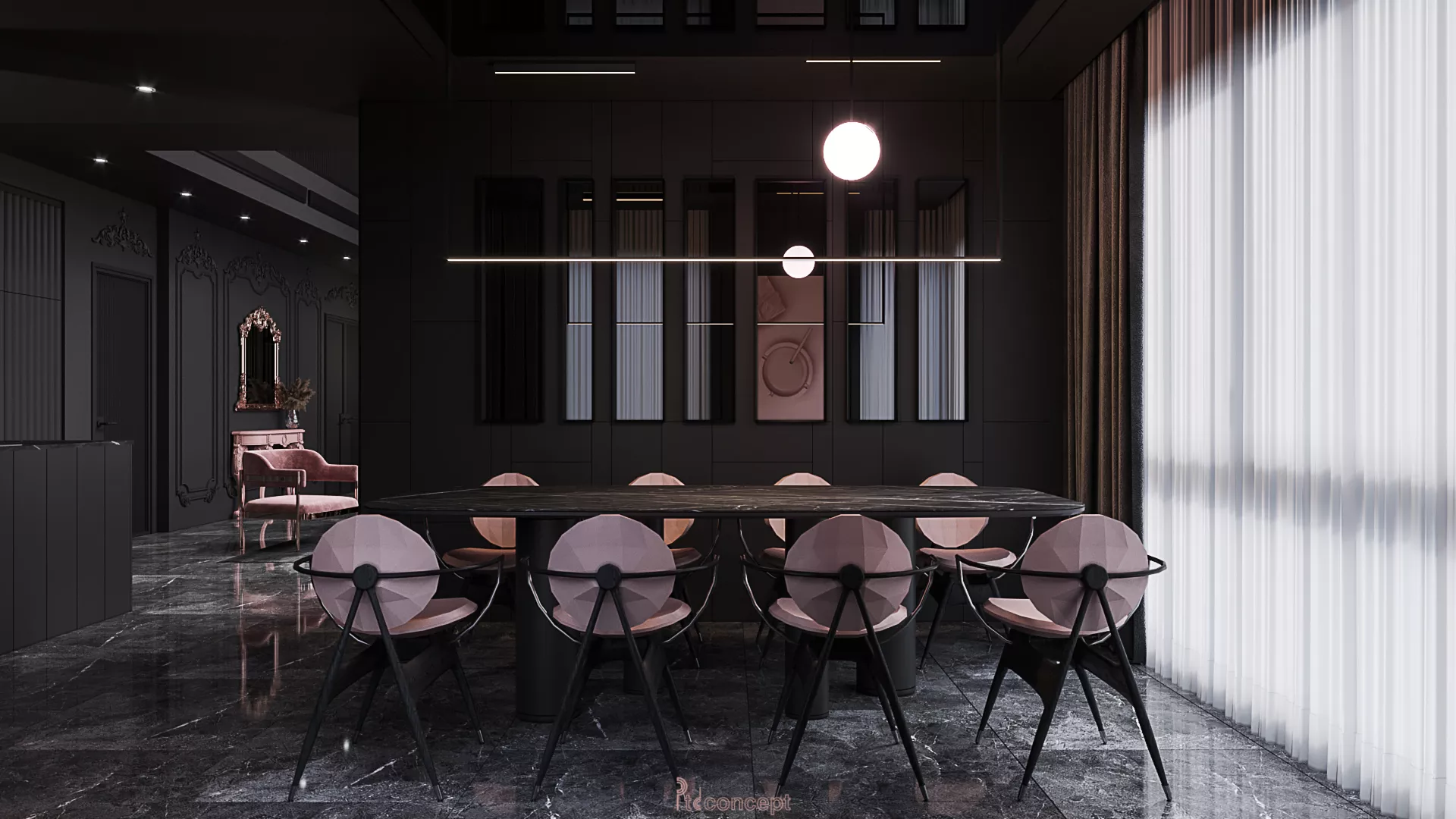 Khu ăn căn duplex Empire City với hệ chiếu sáng nhiều lớp làm nổi chi tiết trang trí