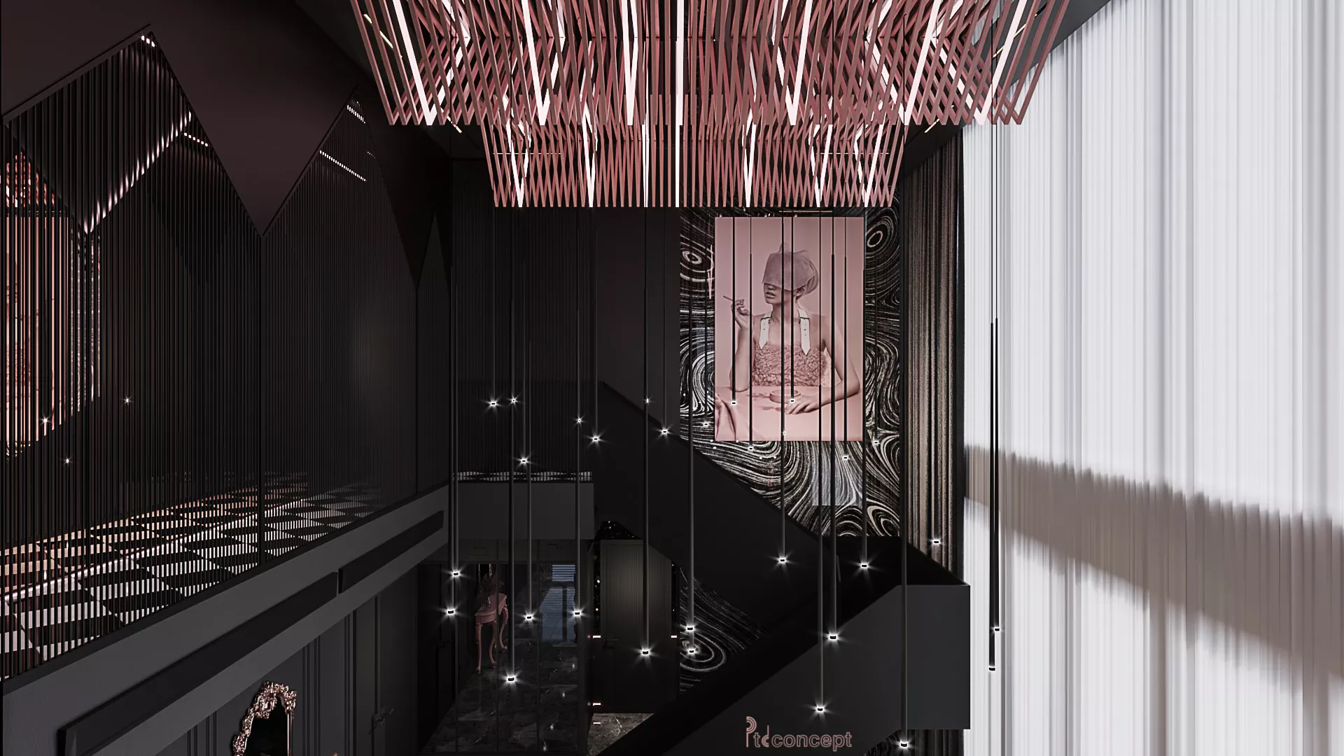 Khoảng thông tầng căn duplex Empire City với hệ đèn trang trí theo ngôn ngữ Neo Baroque do PTD Concept thiết kế