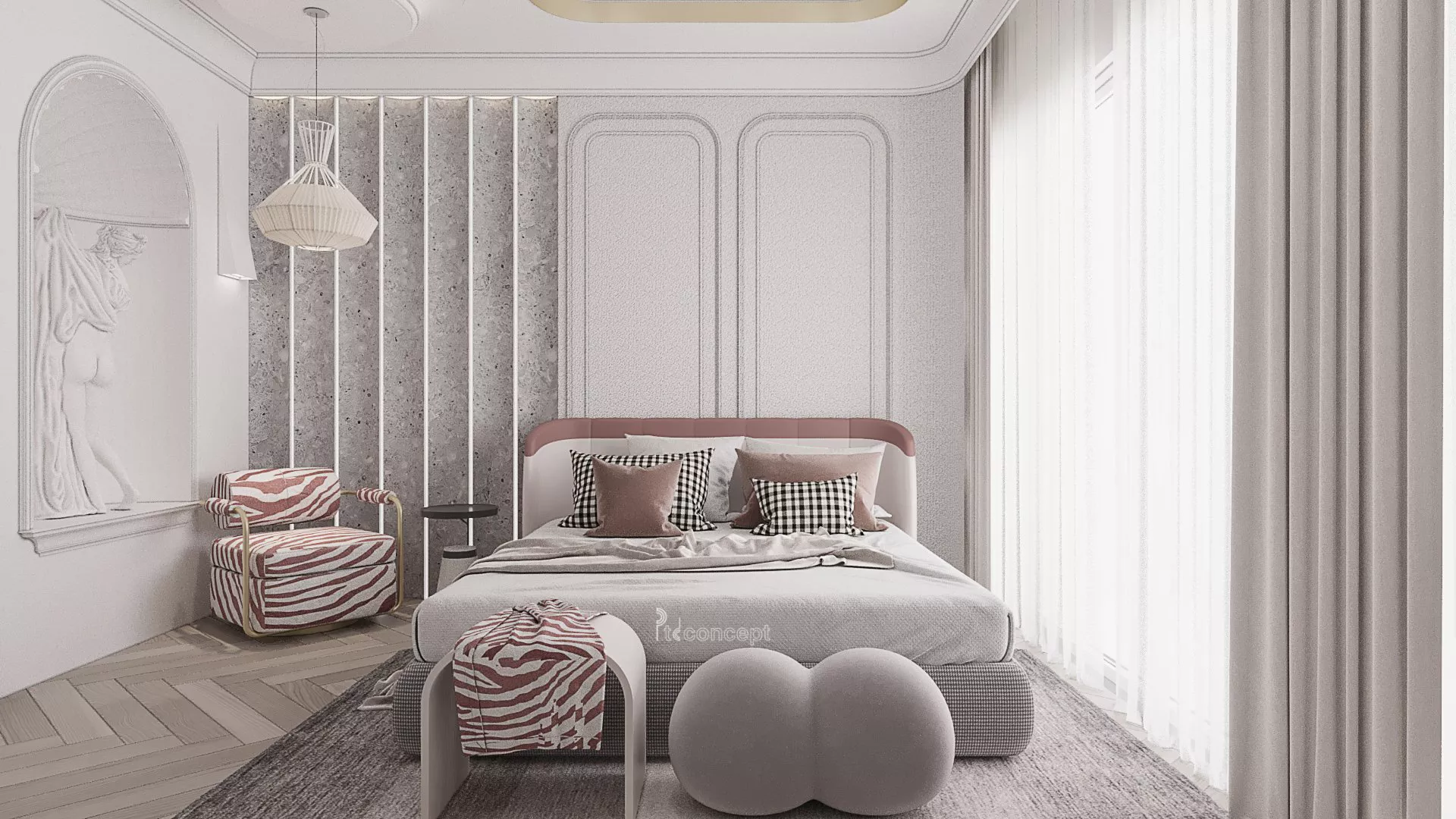 Nên hạ trần thạch cao bao nhiêu cm cho nhà phố, villa? 3 Phòng ngủ tông sáng, trần gọn và rèm hai lớp ở tầng lầu cao 3,2 m – phối cảnh công trình Swan Park của PTD