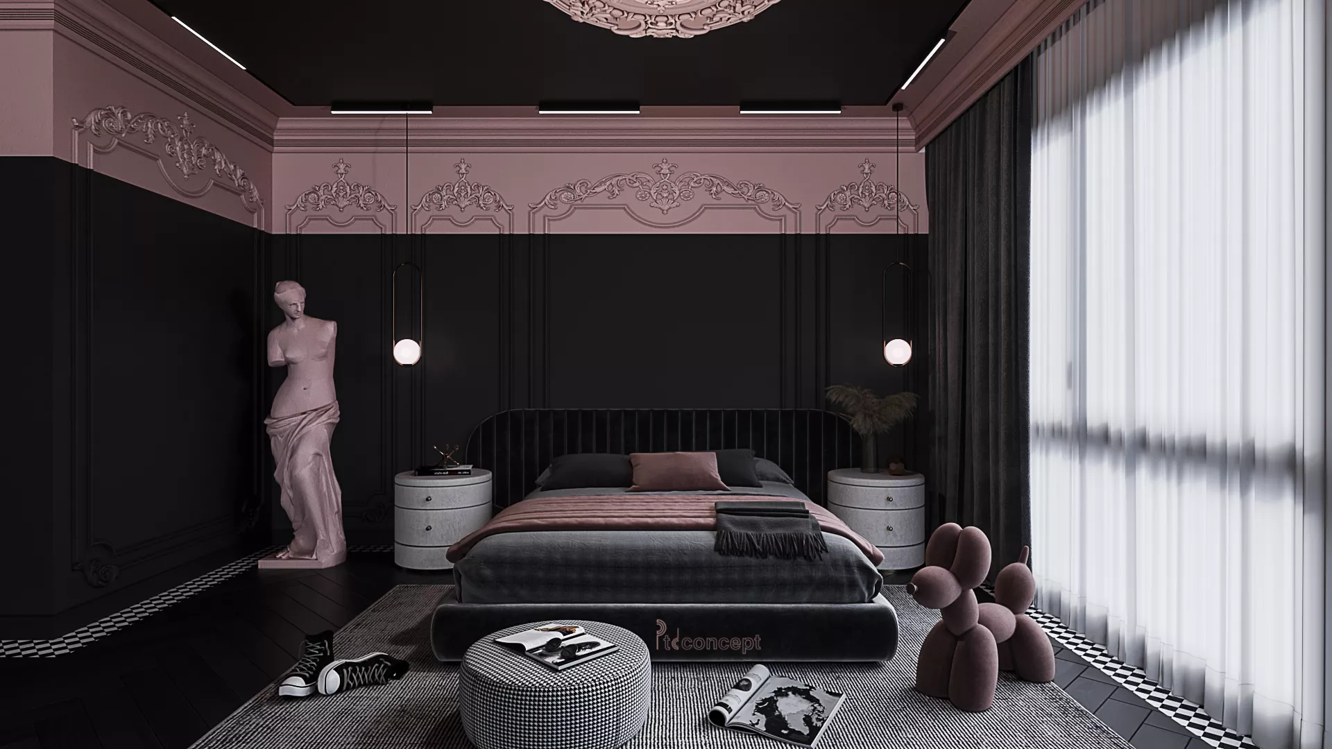 Phòng ngủ chính căn duplex Empire City với hệ tường ốp và chiếu sáng gián tiếp