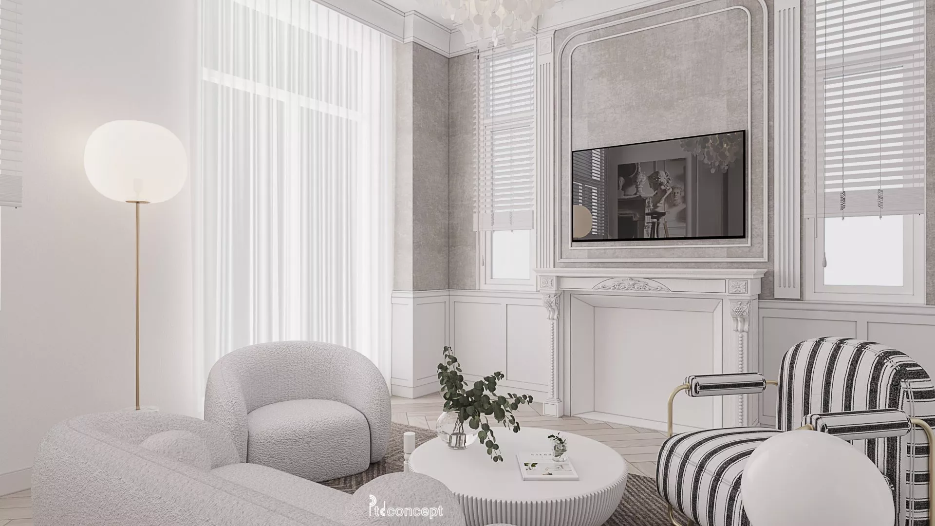 Nên hạ trần thạch cao bao nhiêu cm cho nhà phố, villa? 1 Phòng khách Modern Classic tiết chế với phào trần và đèn chùm nhỏ ở tầng trệt cao 3,6 m – phối cảnh công trình Swan Park của PTD