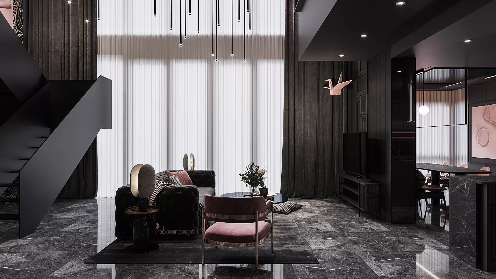 Không gian căn duplex Empire City nhìn từ khu thông tầng, tông tối tương phản với ánh sáng tự nhiên
