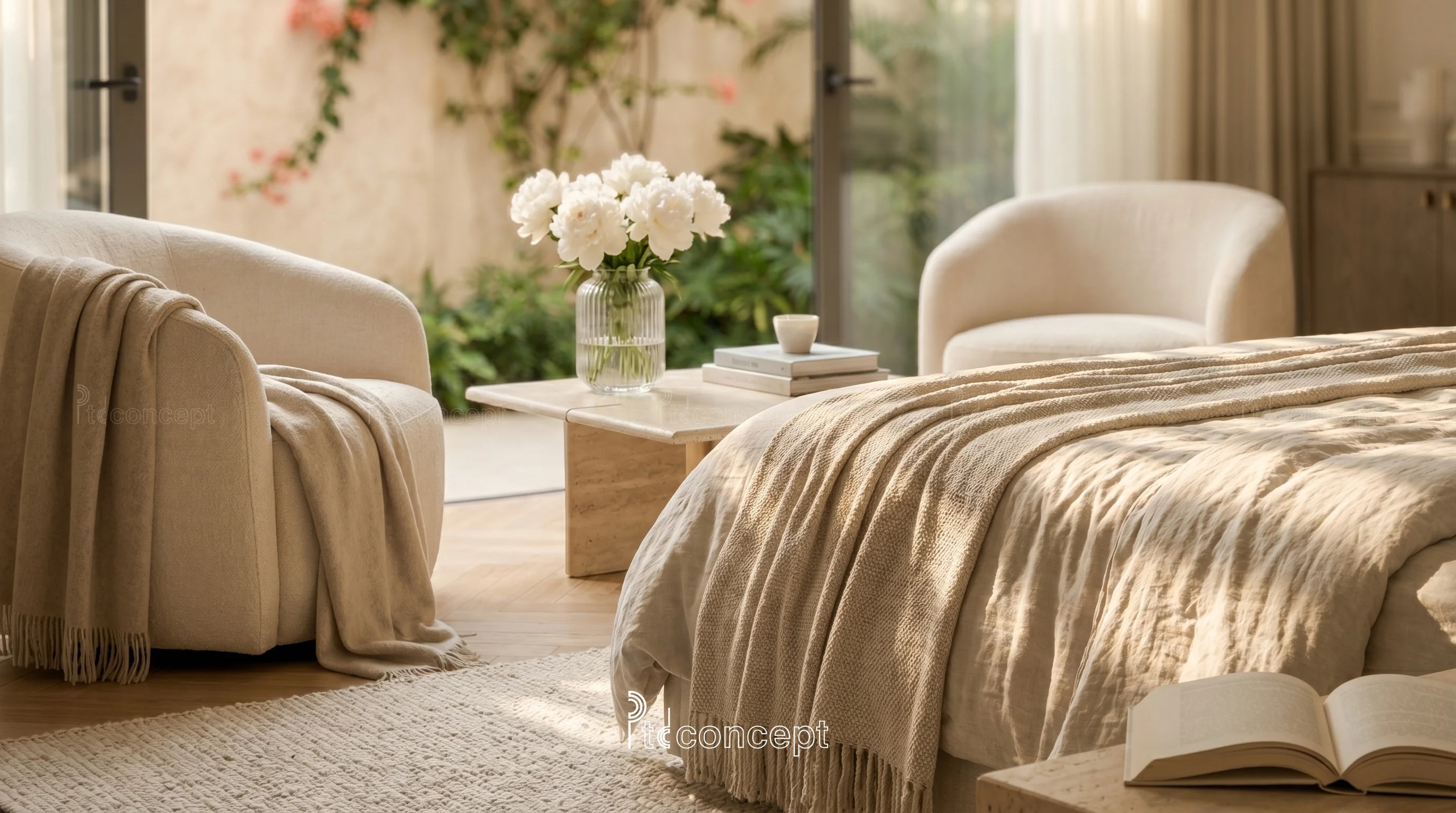 Vật liệu nội thất cao cấp với vải mềm gỗ sáng ánh sáng tự nhiên hoa trắng và bảng màu trung tính ấm