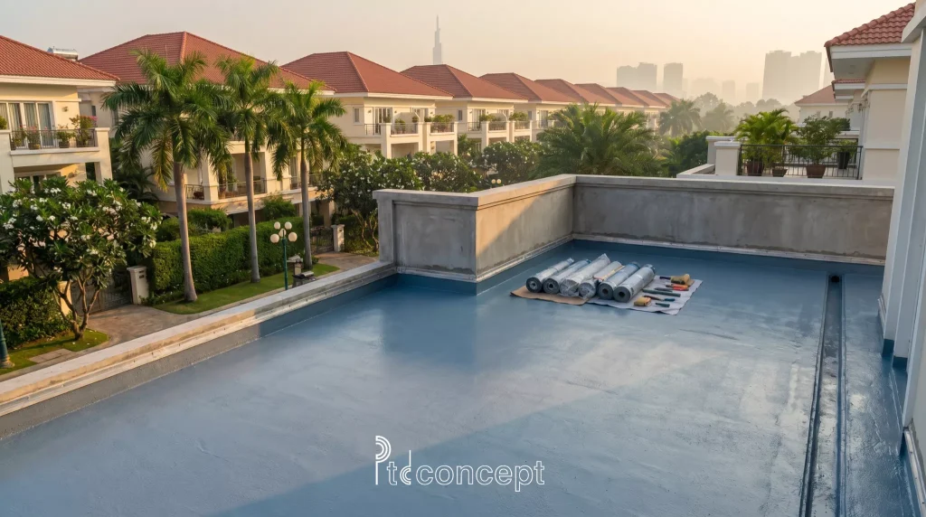 Chống thấm nhà phố và biệt thự: sân thượng, ban công, WC và những điểm không nên xem nhẹ 10 Chống thấm nhà phố biệt thự tại sân thượng và ban công với lớp phủ chống thấm hoàn thiện trước khi lát gạch