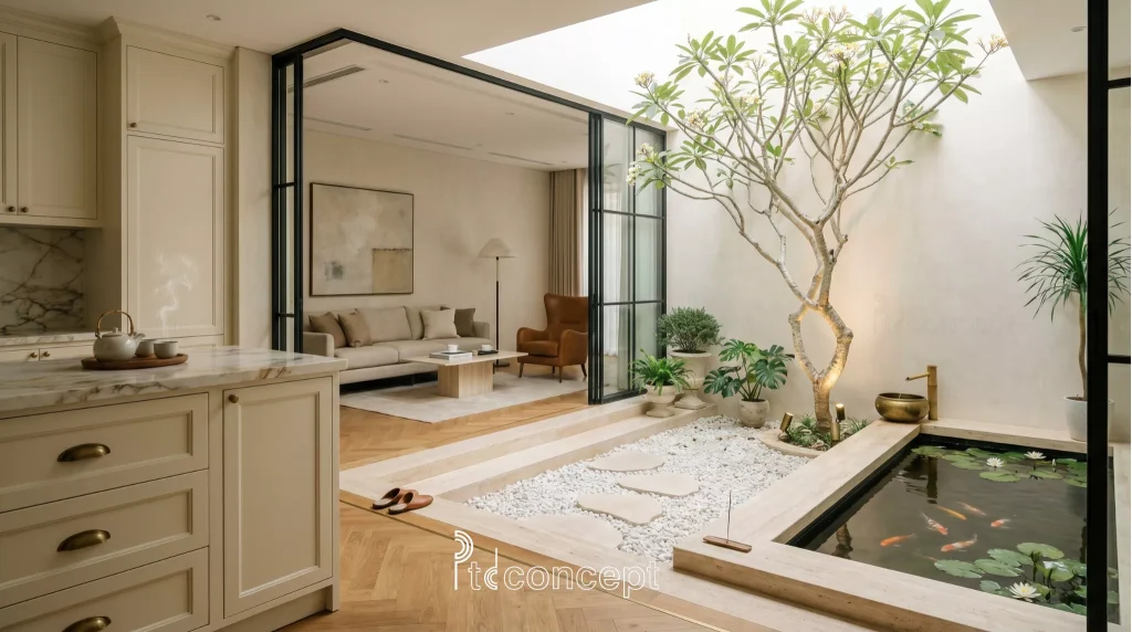 Khoảng xanh nhà phố đẹp dễ bảo trì với giếng trời, hồ nước, cây xanh và ánh sáng tự nhiên