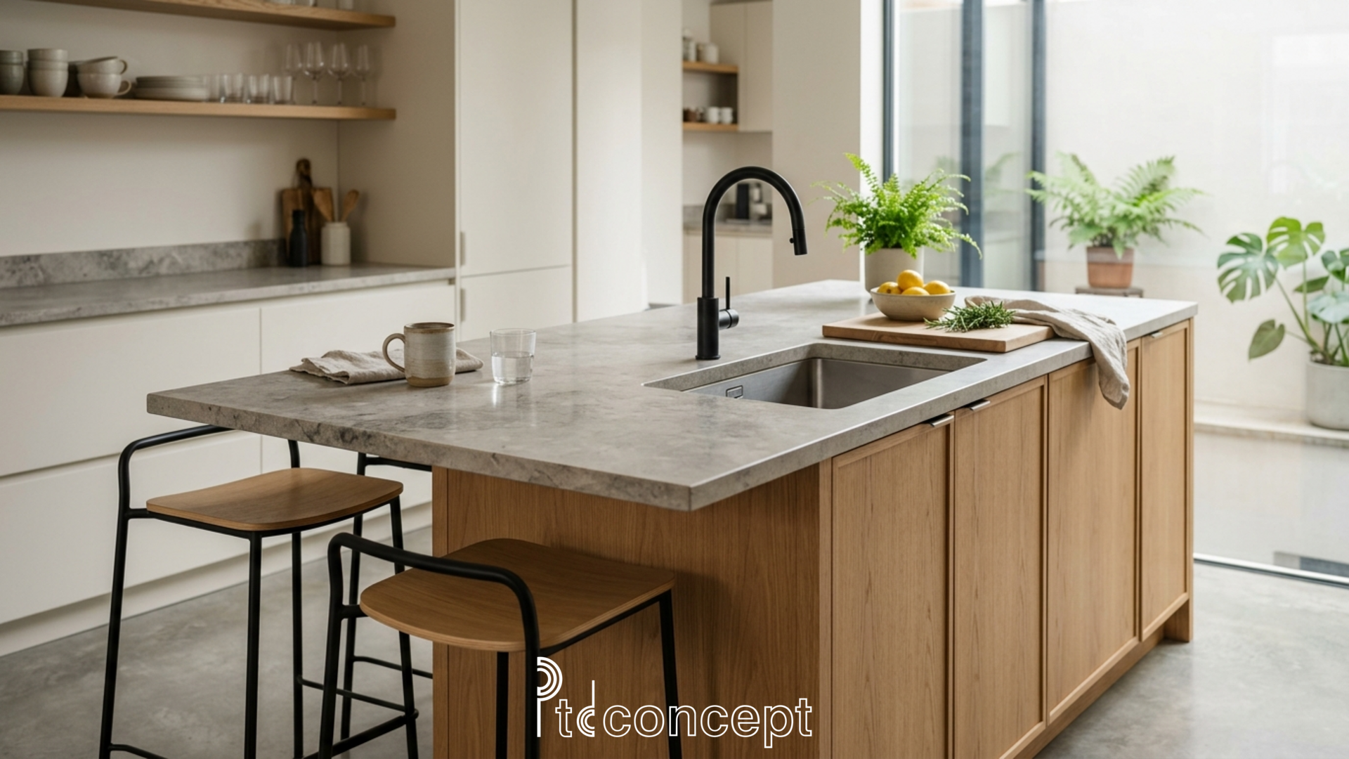 mẫu bếp nhà phố hiện đại bố trí chữ L với đảo bếp và hệ tủ lưu trữ thông minh