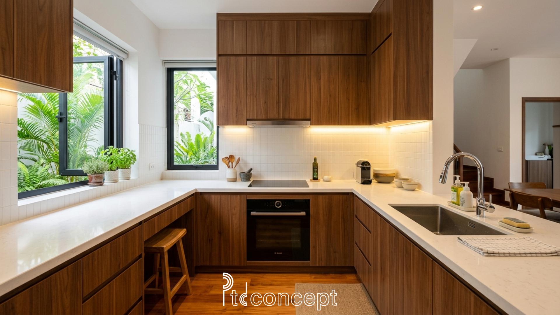 kinh nghiệm bố trí bếp nhà phố hiện đại tiện nghi với không gian mở và hệ tủ bếp chữ L