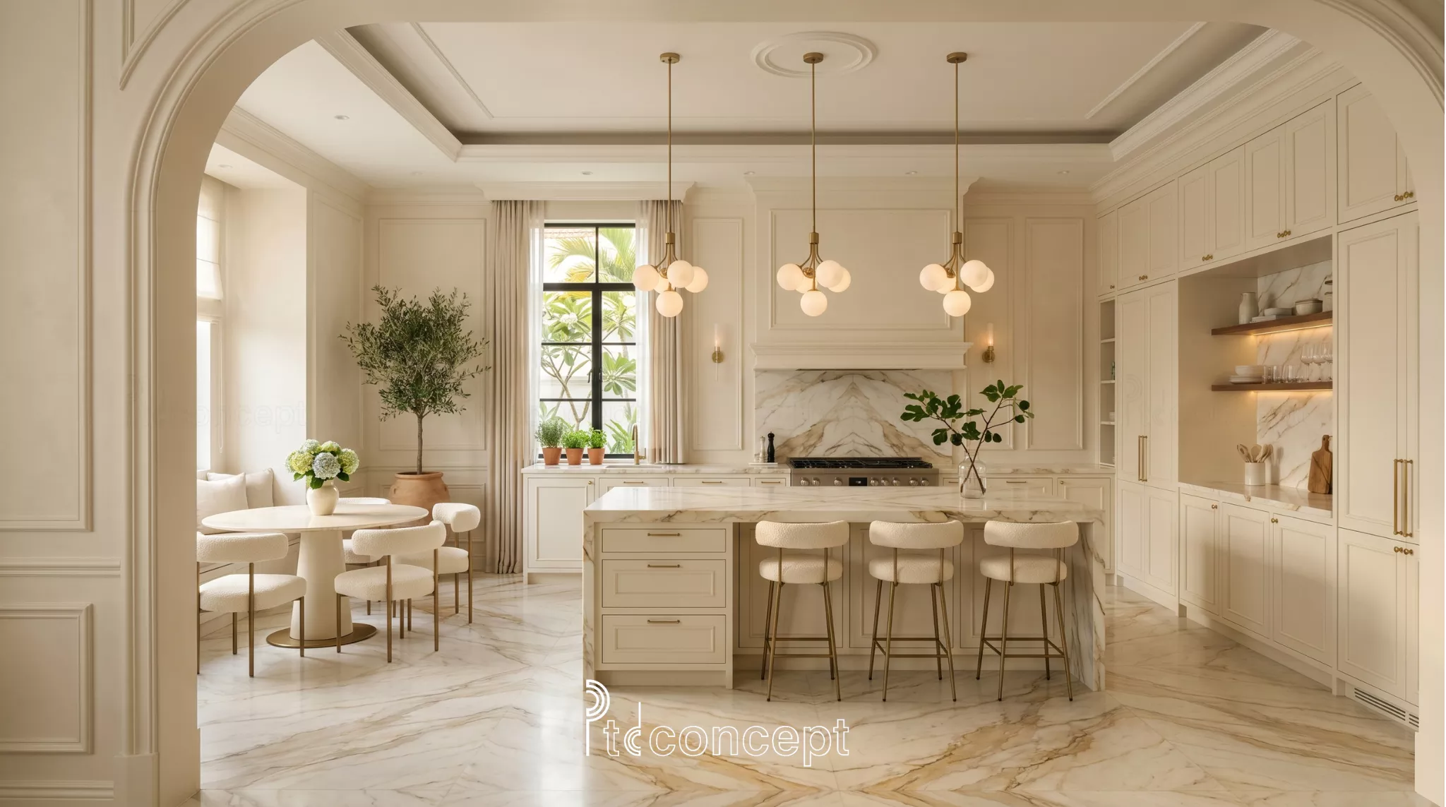 Mẫu bếp tân cổ điển trong nhà ở với bếp đảo marble, hệ tủ màu kem, đèn thả brass và không gian bếp ăn sang trọng