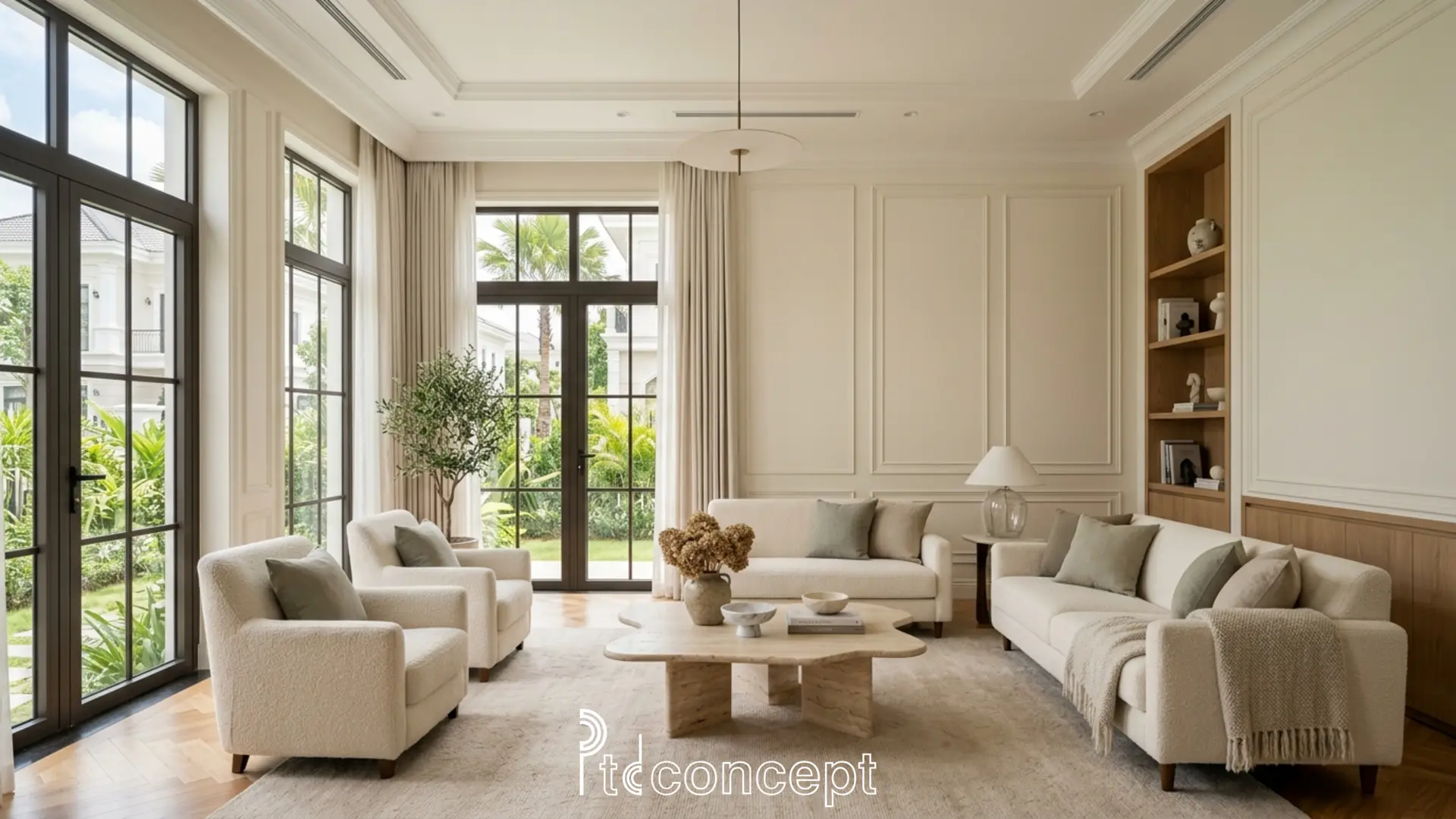 Phối màu phào chỉ tránh nặng nề với phào mảnh và tông tường trung tính