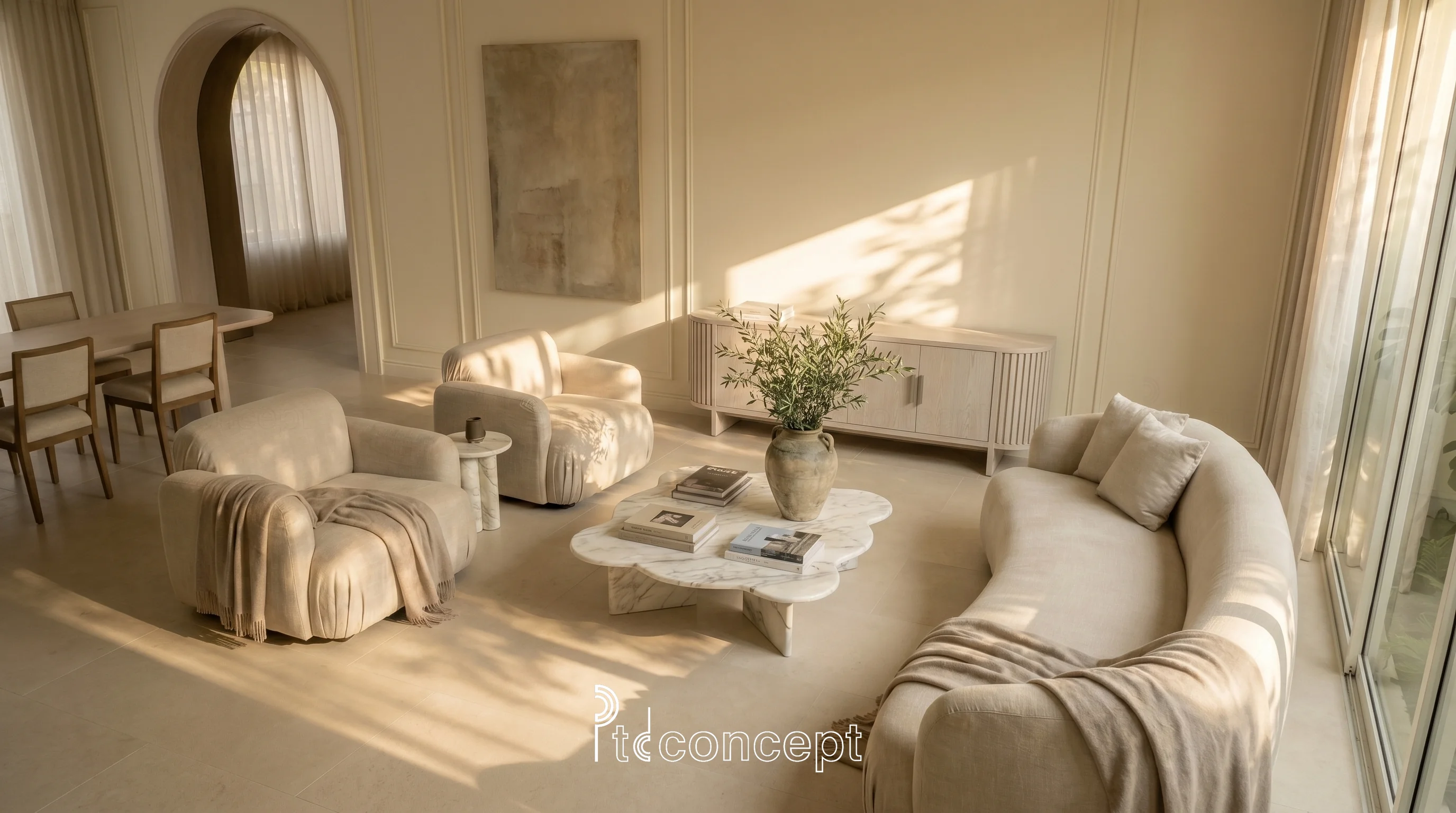 Bố cục phòng khách cao cấp nhìn từ trên với ánh sáng tự nhiên sofa bàn trà và lối kết nối bàn ăn