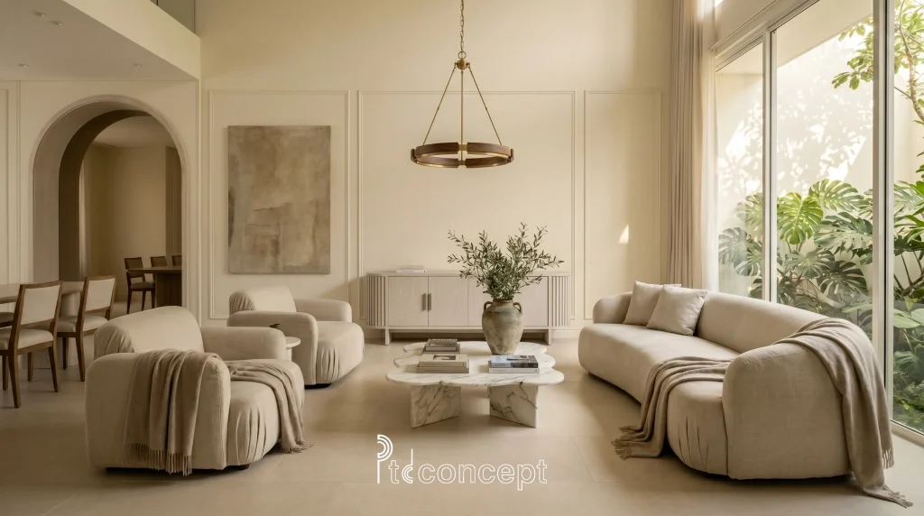 Phòng khách cao cấp với tỷ lệ hài hòa ánh sáng tự nhiên sofa mềm mại và khoảng xanh bên cạnh
