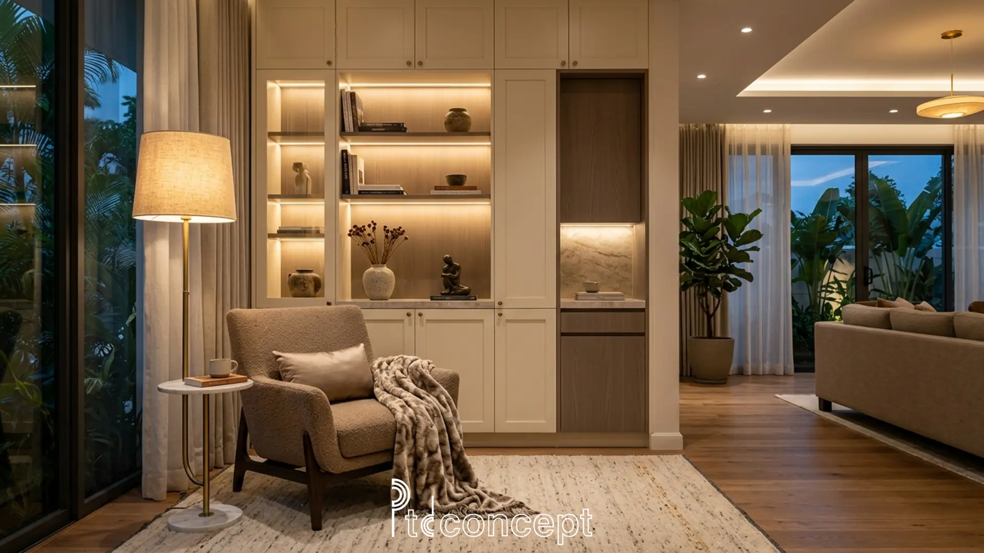 Đèn sàn và đèn hắt giúp phòng khách rộng ấm cúng hơn