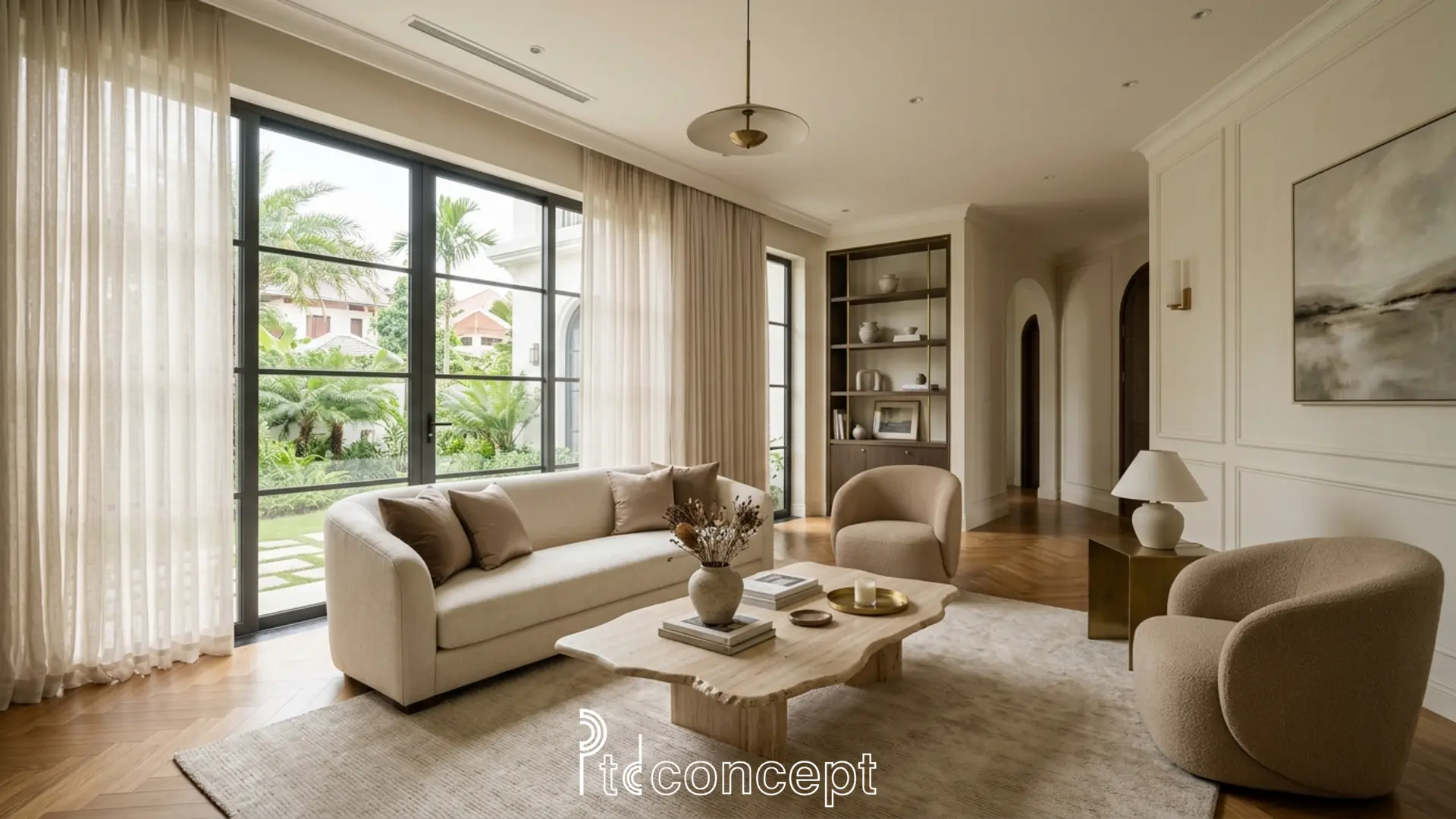 thiết kế nội thất biệt thự tân cổ điển sang trọng với phào chỉ mảnh và vật liệu đá tự nhiên