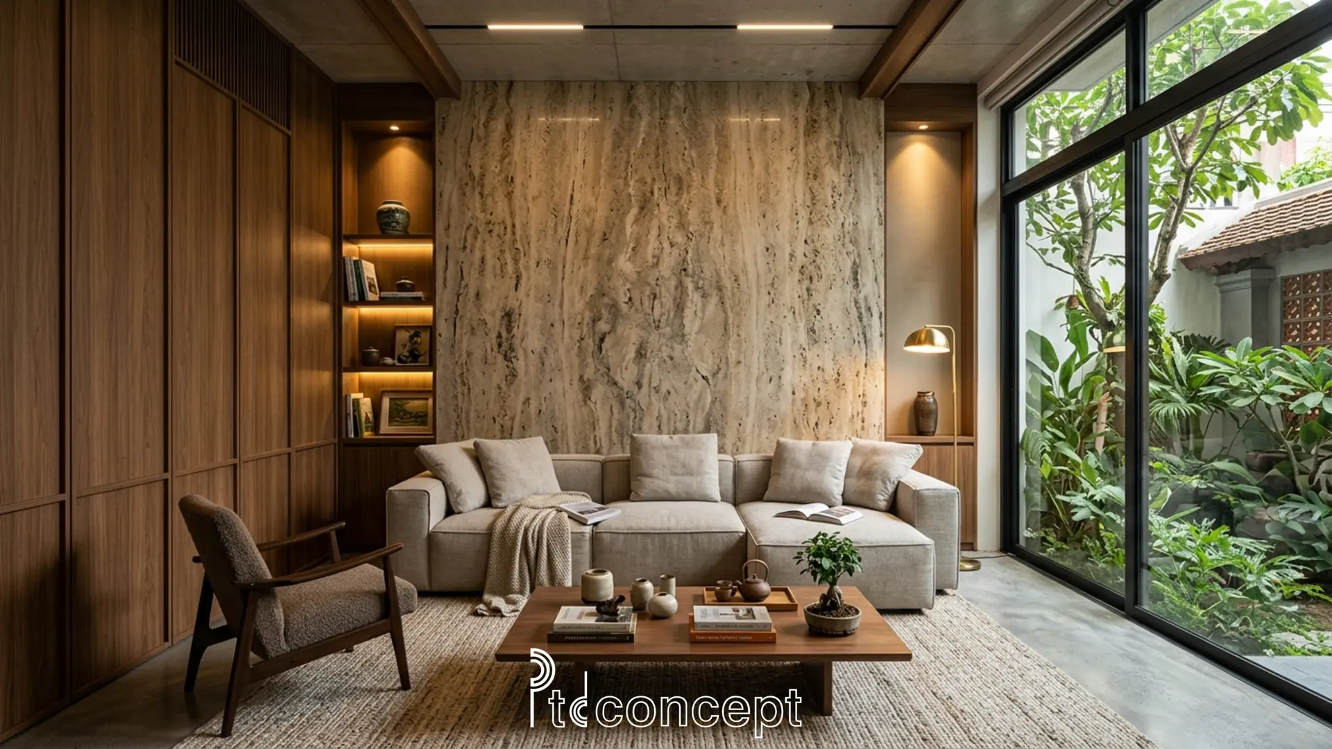 vật liệu nội thất cao cấp cho nhà phố với gỗ óc chó và đá tự nhiên