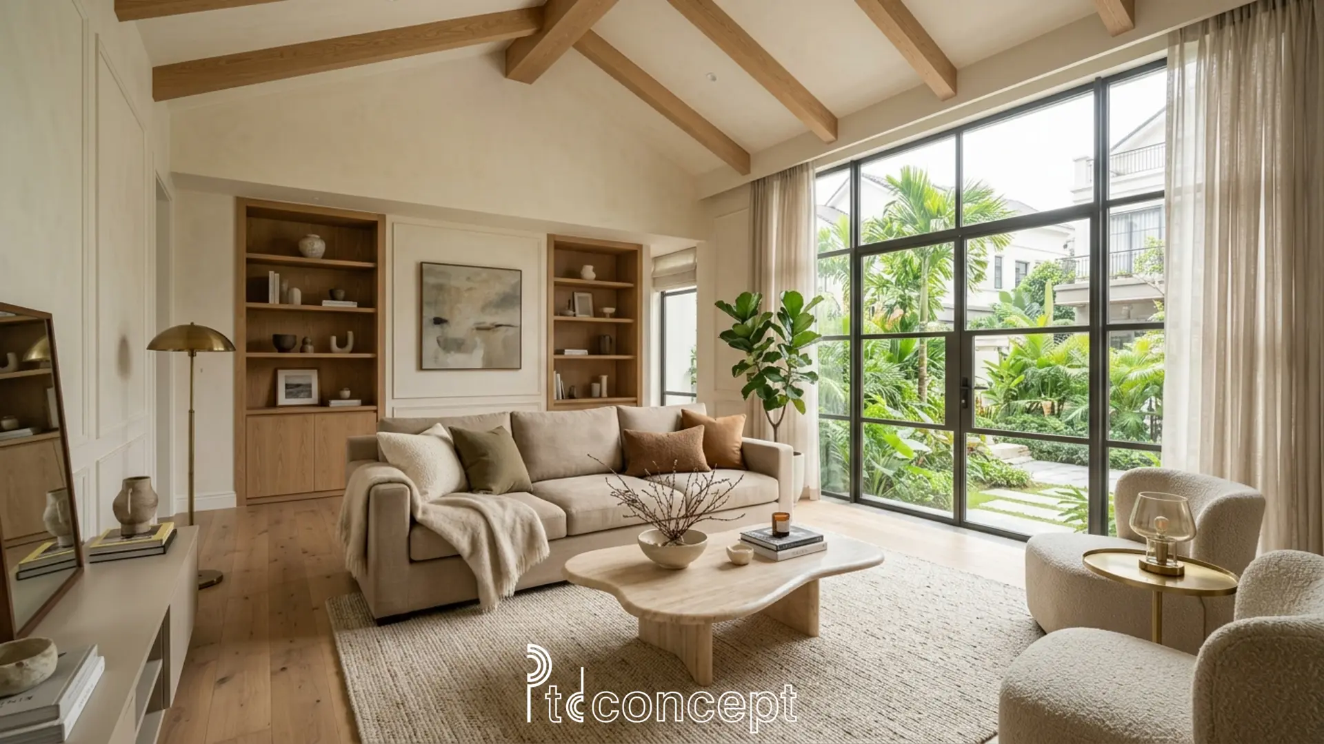 Đặc trưng phong cách Modern Farmhouse trong thiết kế nhà phố với dầm gỗ lộ và bảng màu trung tính ấm áp