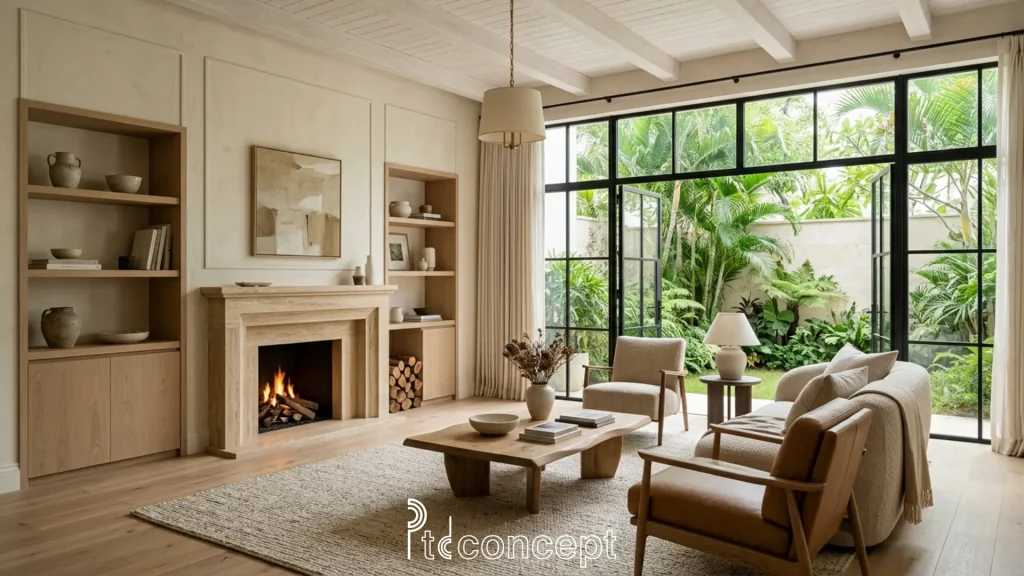 Đặc trưng vật liệu Modern Farmhouse: gỗ, đá, tông trung tính