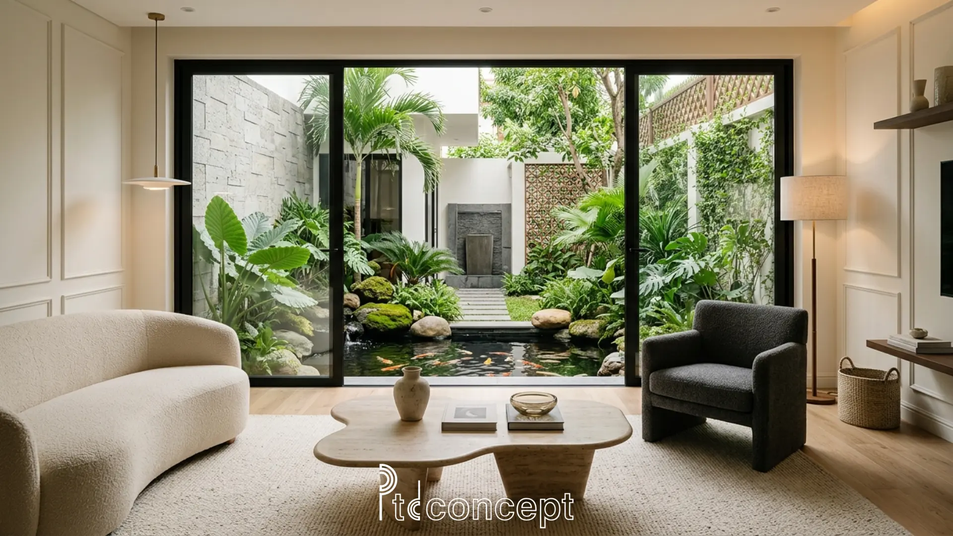 thiết kế nhà vườn hiện đại với phân tầng cây xanh và tiểu cảnh nước tại không gian nghỉ dưỡng ven đô