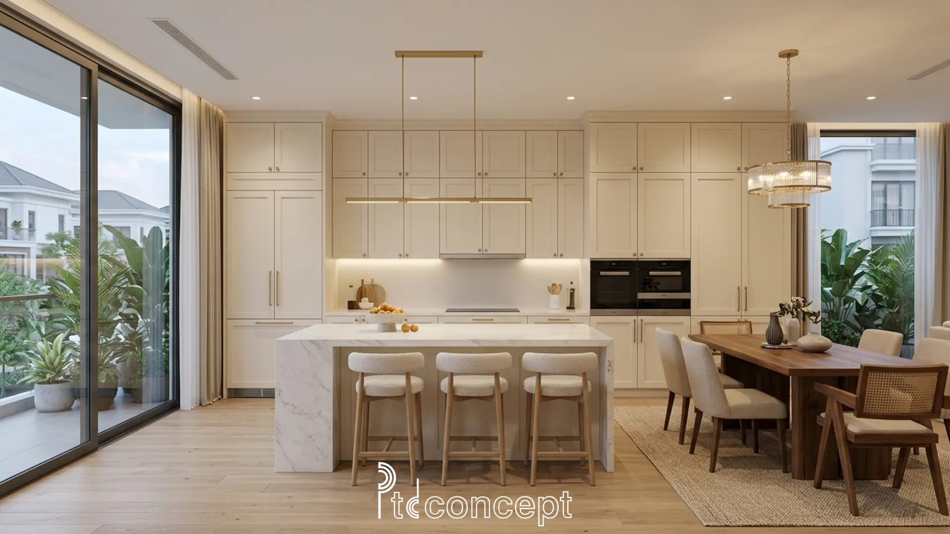 thiết kế biệt thự quiet luxury với hệ thống ánh sáng lớp và vật liệu tự nhiên