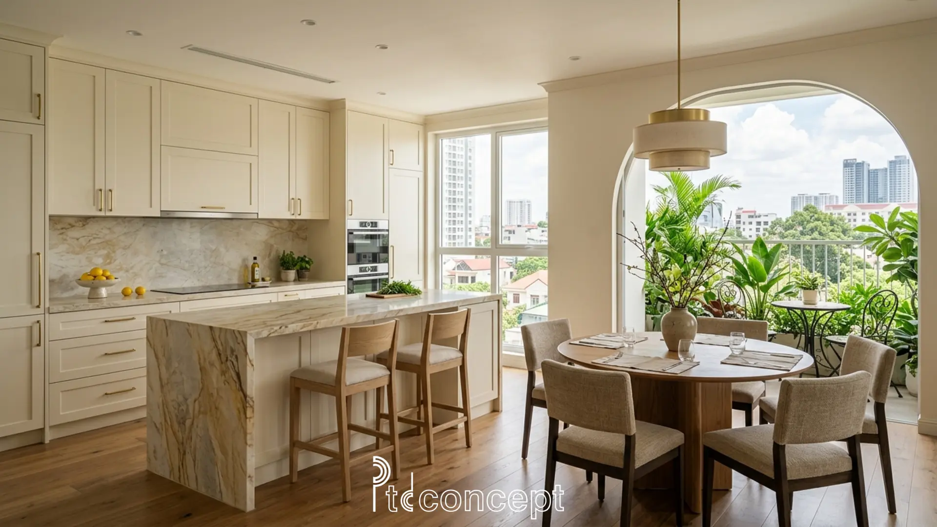 Nội thất penthouse sang trọng với vật liệu tự nhiên và hệ thống chiếu sáng theo lớp tạo chiều sâu thẩm mỹ