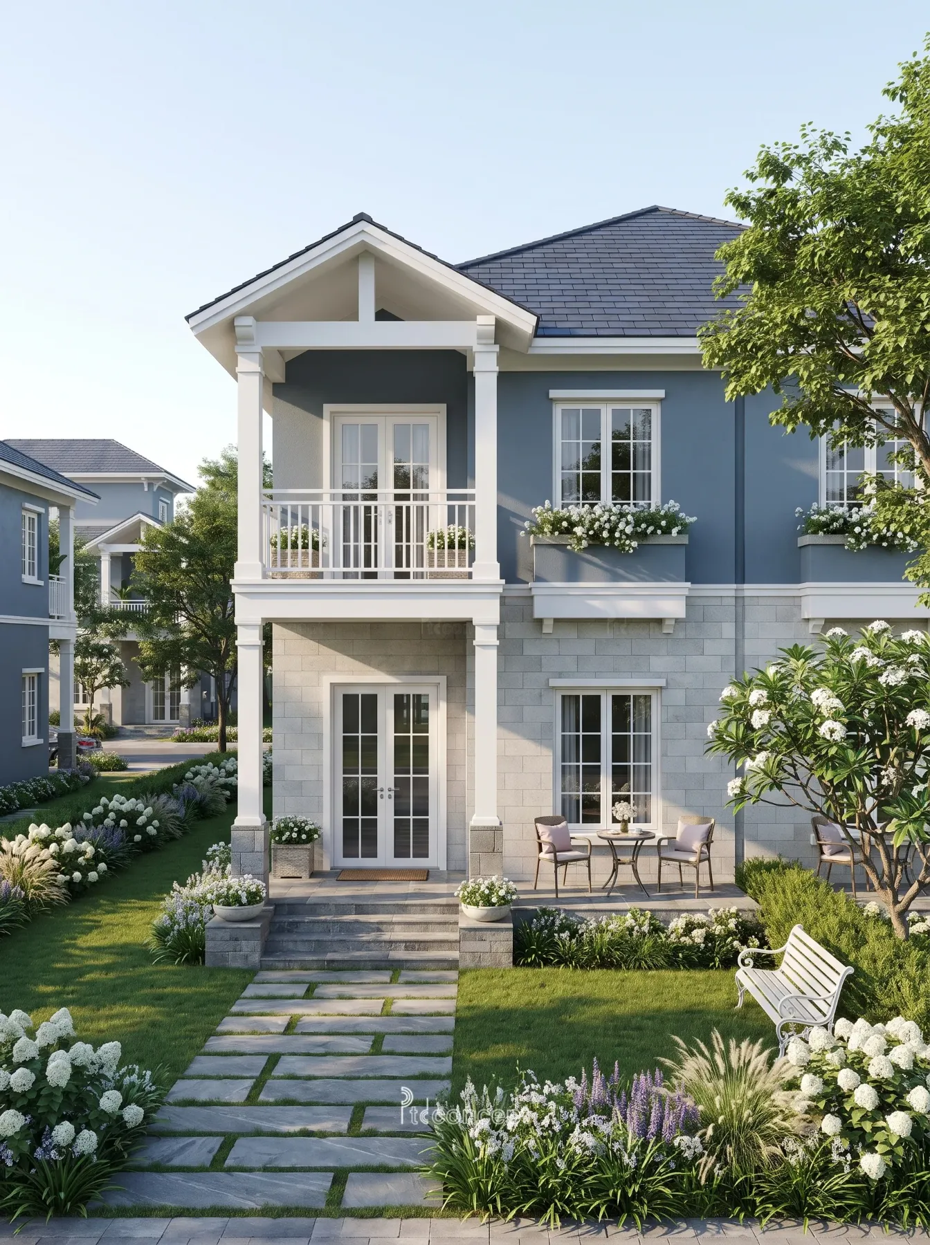 Mặt tiền villa song lập Eco Retreat phong cách Modern Country, tông xanh xám, cột trắng và mái dốc