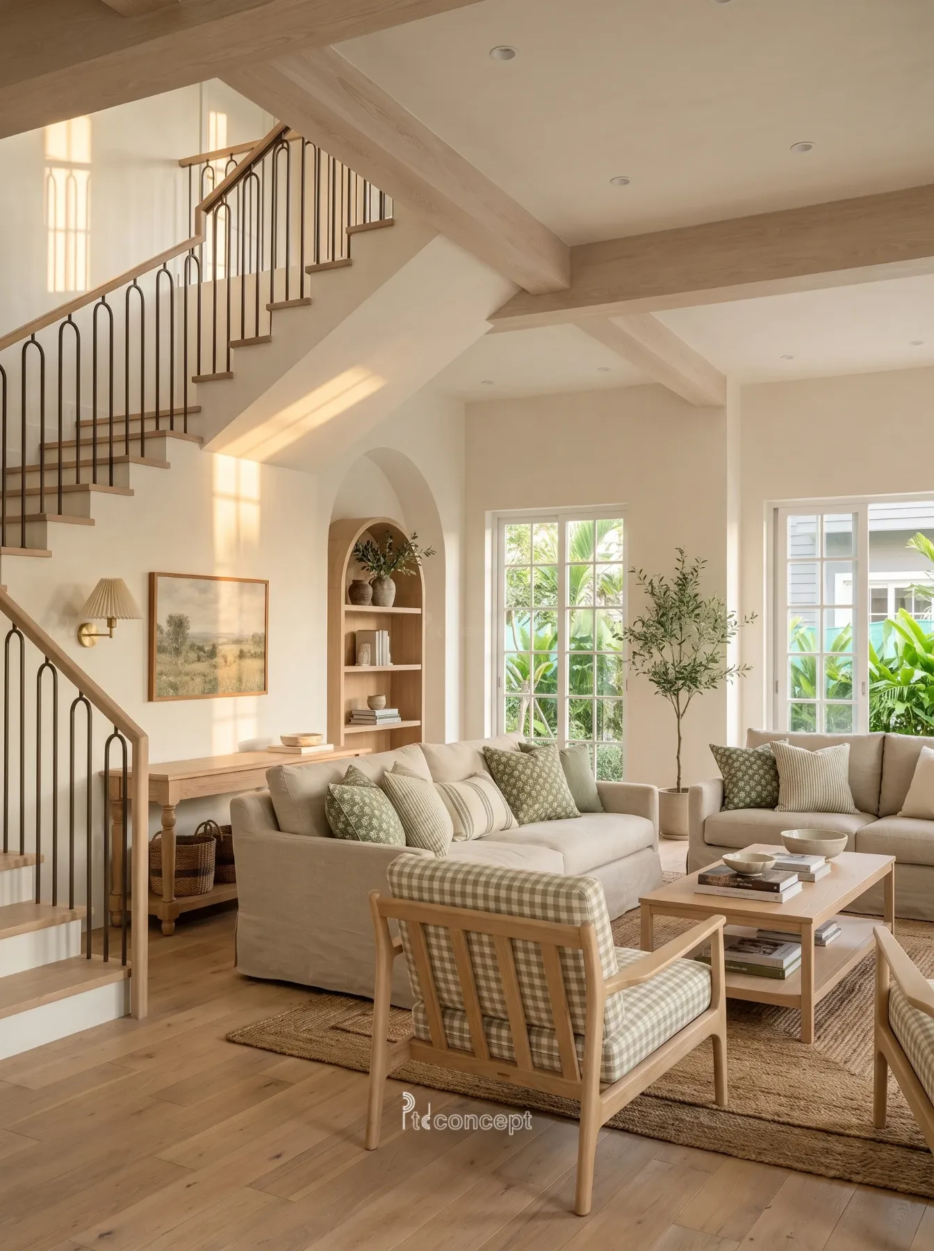 Phòng khách villa song lập Eco Retreat nền kem, gỗ sồi sáng, ô cửa vòm và dầm gỗ lộ