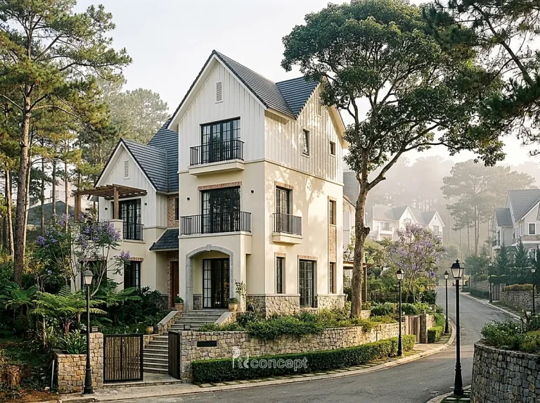 Mẫu nhà Đà Lạt 1 trệt, 1 lầu + tầng áp mái – Modern Farmhouse – mặt tiền, PTD Concept