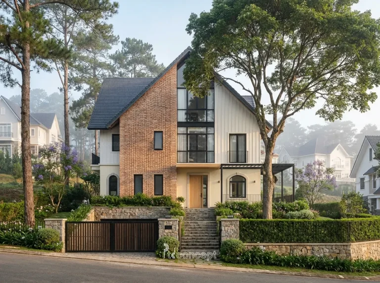 Mẫu nhà Đà Lạt 1 trệt, 1 lầu + tầng áp mái – Modern Farmhouse – mặt tiền, PTD Concept