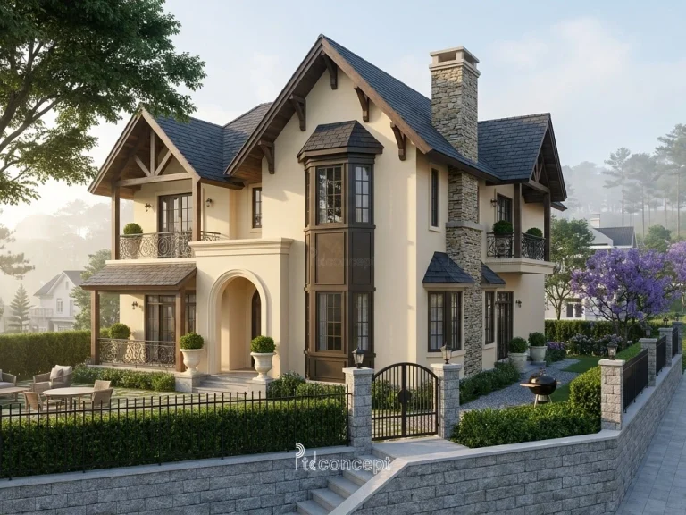 Mẫu nhà Đà Lạt 1 trệt + tầng áp mái – Đồng quê châu Âu – mặt tiền, PTD Concept
