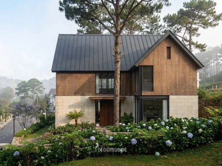 Mẫu nhà Đà Lạt 1 trệt + tầng áp mái – Đương đại cao nguyên – mặt tiền, PTD Concept