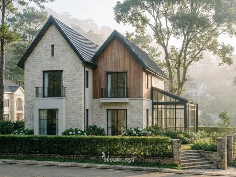 Mẫu nhà Đà Lạt 1 trệt + tầng áp mái – Đương đại cao nguyên – mặt tiền, PTD Concept