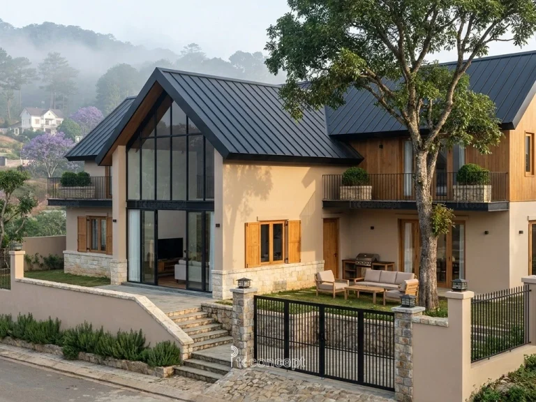 Mẫu nhà Đà Lạt 1 trệt + tầng áp mái – Đương đại cao nguyên – mặt tiền, PTD Concept