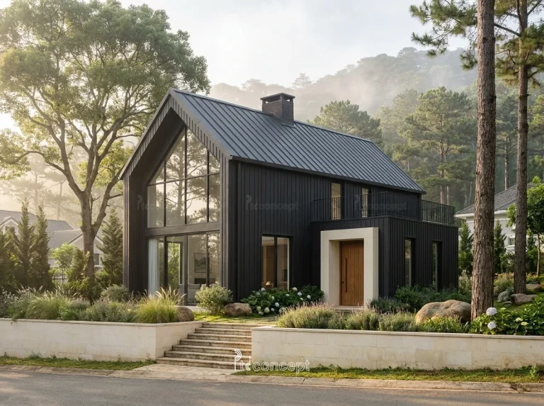 Mẫu nhà Đà Lạt 1 trệt + tầng áp mái – Farmhouse cao nguyên – mặt tiền, PTD Concept