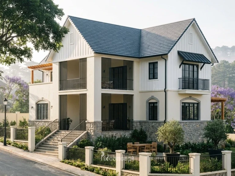 Mẫu nhà Đà Lạt 1 trệt + tầng áp mái – Modern Farmhouse – mặt tiền, PTD Concept