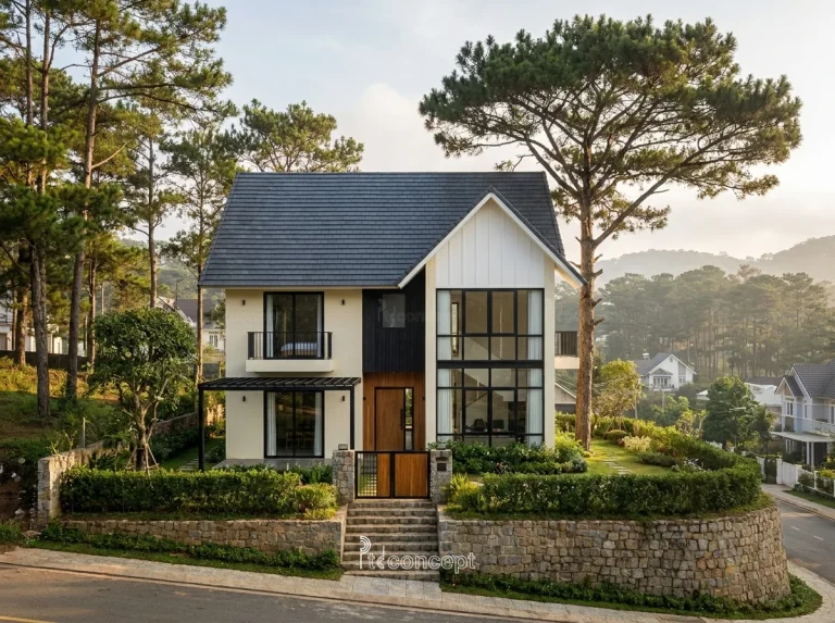 Mẫu nhà Đà Lạt 1 trệt + tầng áp mái – Modern Farmhouse – mặt tiền, PTD Concept