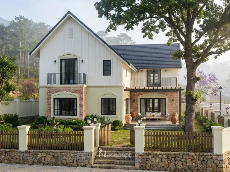 Mẫu nhà Đà Lạt 1 trệt + tầng áp mái – Modern Farmhouse – mặt tiền, PTD Concept