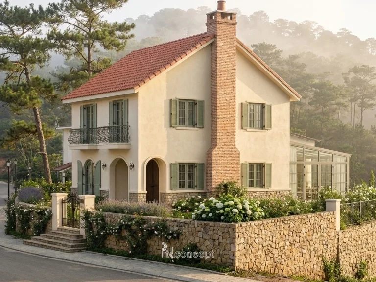 Mẫu nhà Đà Lạt 1 trệt + tầng áp mái – Provence Đà Lạt – mặt tiền, PTD Concept