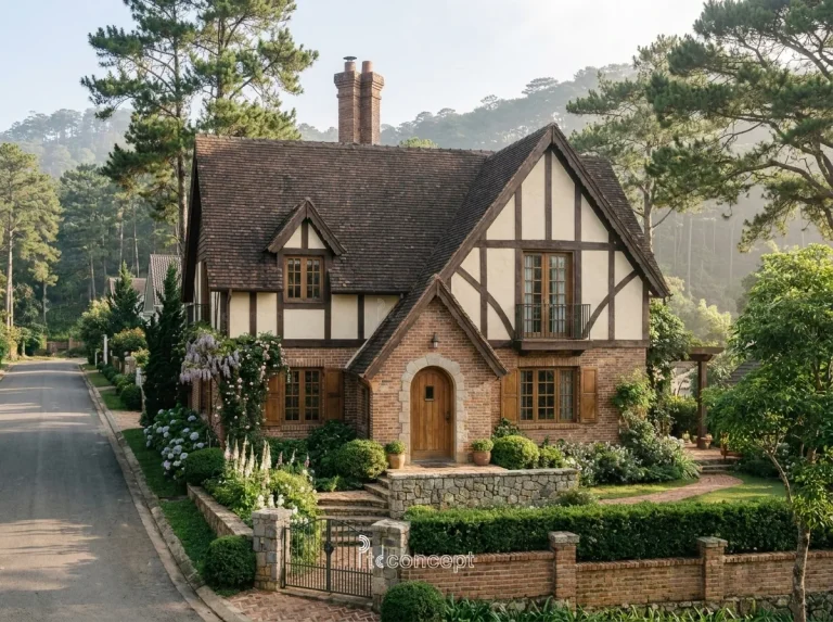 Mẫu nhà Đà Lạt 1 trệt + tầng áp mái – Tudor khung gỗ – mặt tiền, PTD Concept