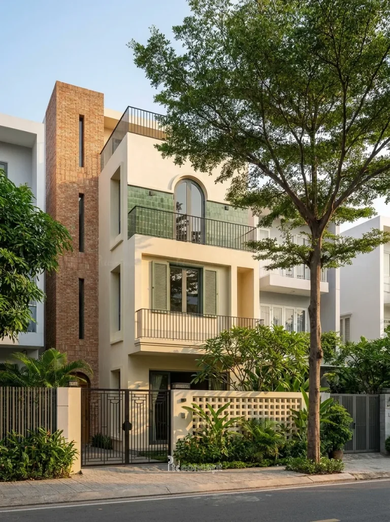 Mẫu nhà phố mặt tiền 5m, 3 tầng – Indochine – mặt tiền, PTD Concept