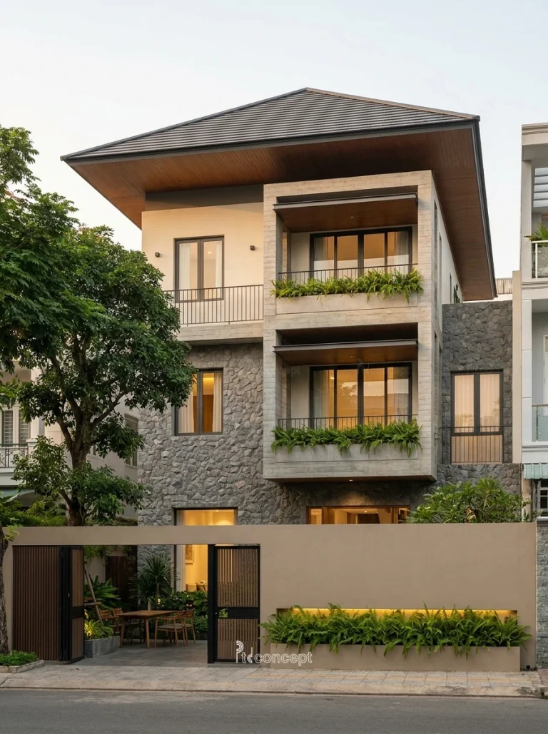 Mẫu nhà phố mặt tiền 5m, 3 tầng – Nhiệt đới hiện đại – mặt tiền, PTD Concept