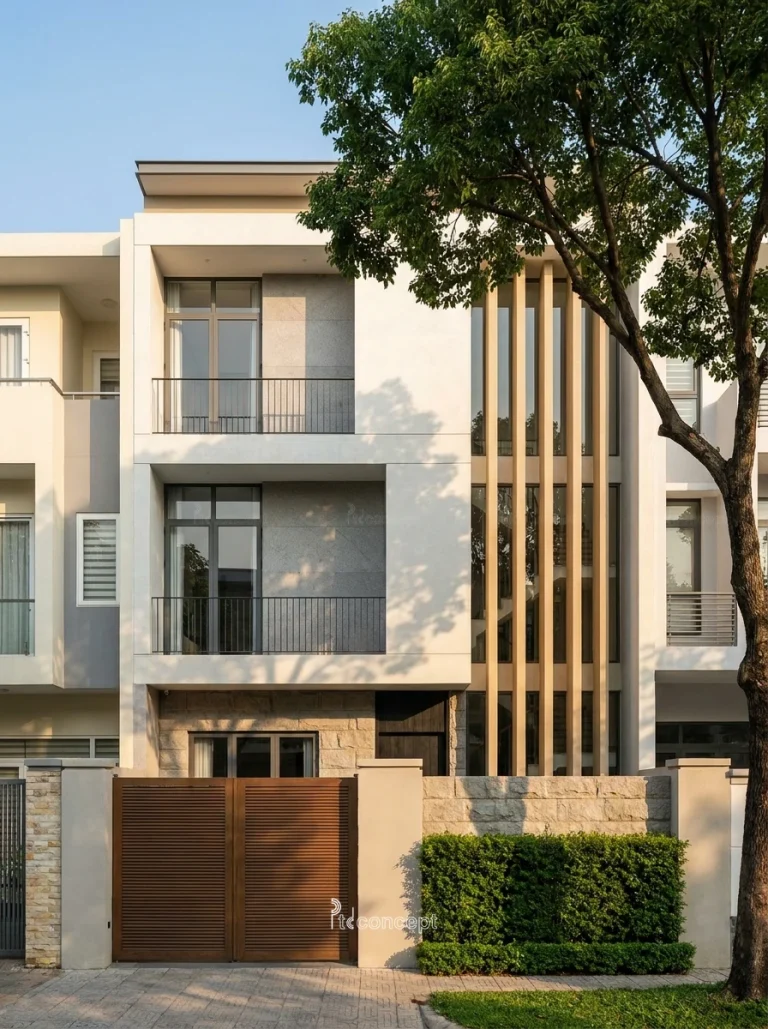 Mẫu nhà phố mặt tiền 5m, 4 tầng – Japandi – mặt tiền, PTD Concept
