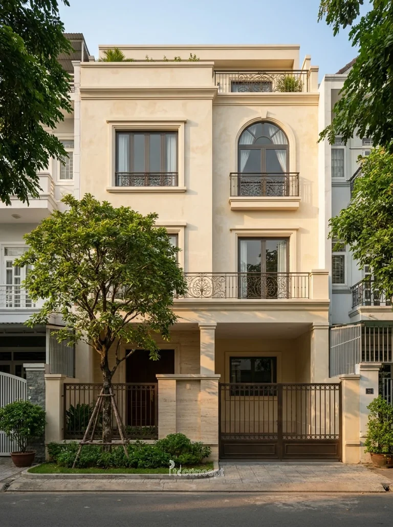 Mẫu nhà phố mặt tiền 5m, 4 tầng – Modern Classic – mặt tiền, PTD Concept
