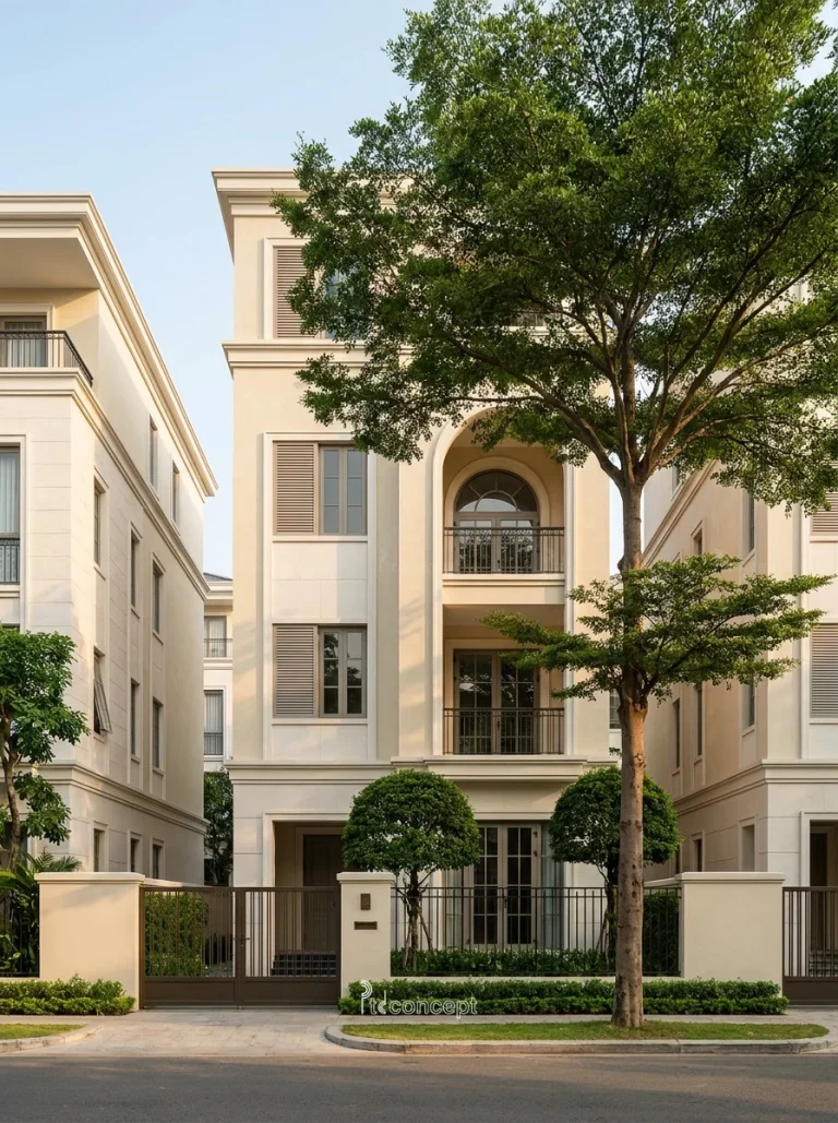 Mẫu nhà phố mặt tiền 5m, 4 tầng – Modern Classic – mặt tiền, PTD Concept