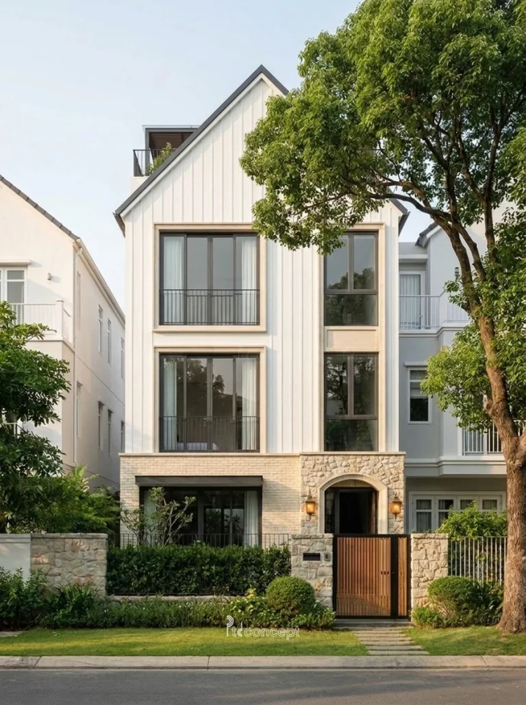 Mẫu nhà phố mặt tiền 5m, 4 tầng – Modern Farmhouse – mặt tiền, PTD Concept