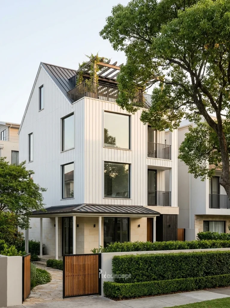 Mẫu nhà phố mặt tiền 5m, 4 tầng – Modern Farmhouse – mặt tiền, PTD Concept