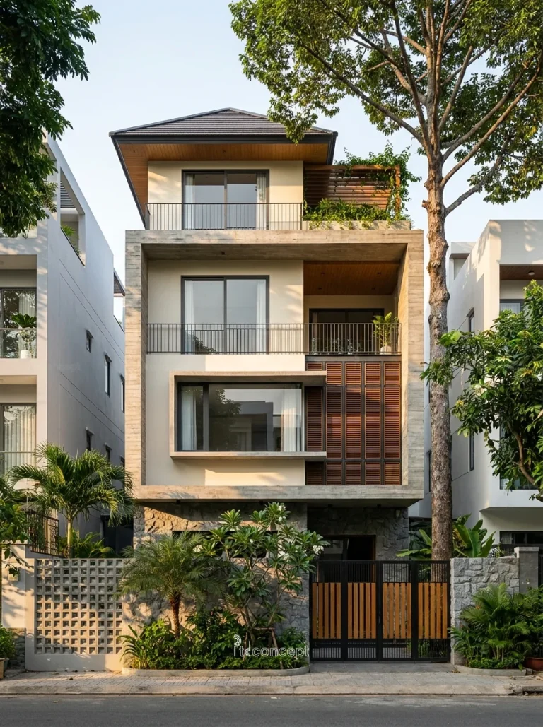 Mẫu nhà phố mặt tiền 5m, 4 tầng – Nhiệt đới hiện đại – mặt tiền, PTD Concept
