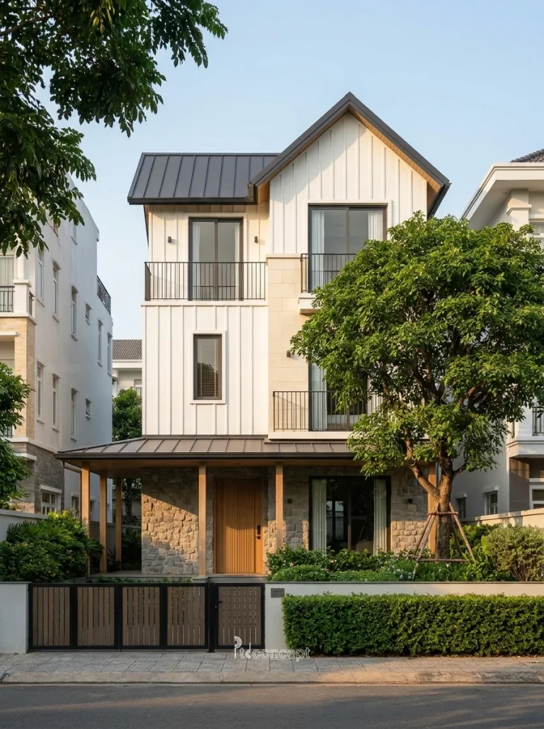Mẫu nhà phố mặt tiền 6m, 3 tầng – Modern Farmhouse – mặt tiền, PTD Concept